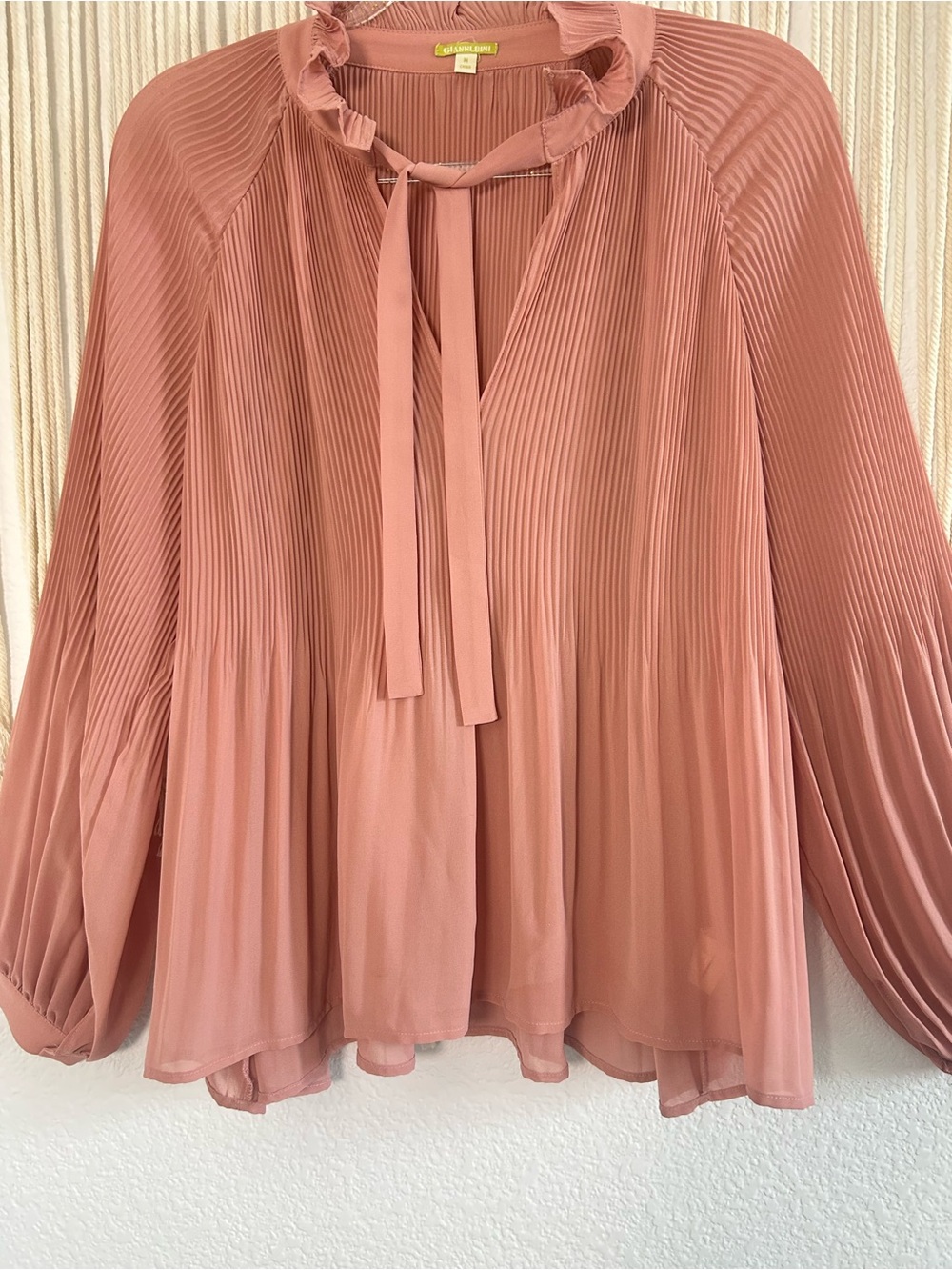 Gianni Bini Pleated Ruffle Tie-Neck Blouse - Dusty Rose Lightweight Sheer - Picture 4 of 11